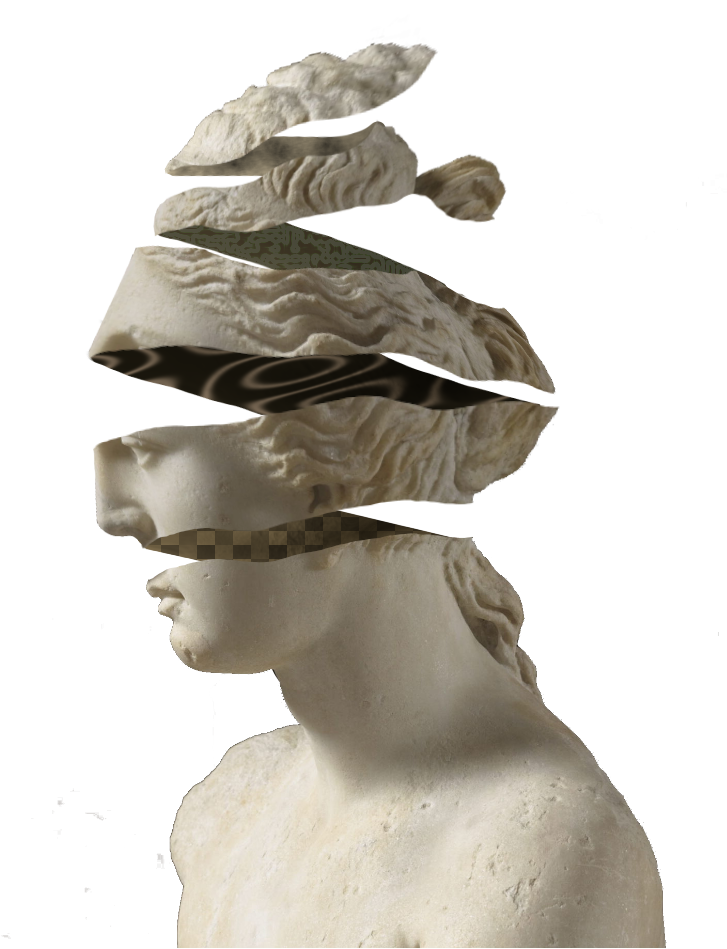 The Venus de Milo digitally altered to appear as if it's unwinding, with various textures revealed between the layers.